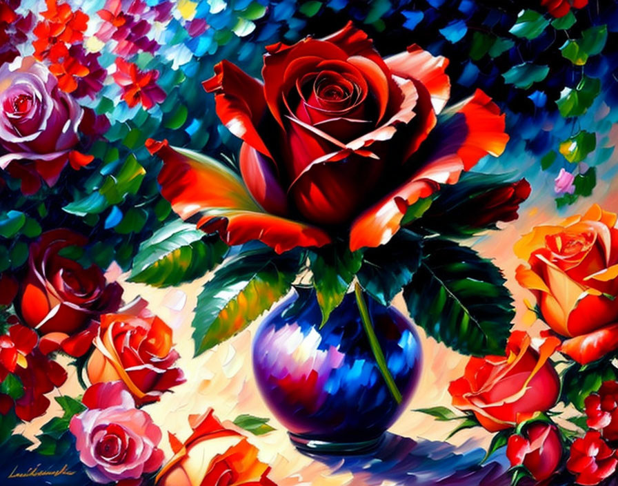 Colorful painting of red roses in blue vase with dynamic brush strokes