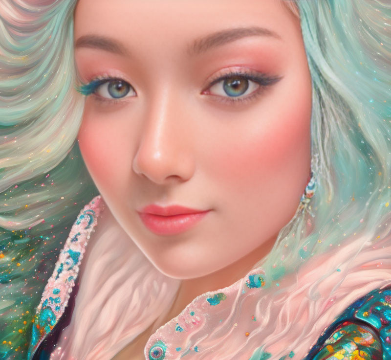 Detailed close-up of woman with pastel hair & sparkling attire, soft makeup and expressive eyes