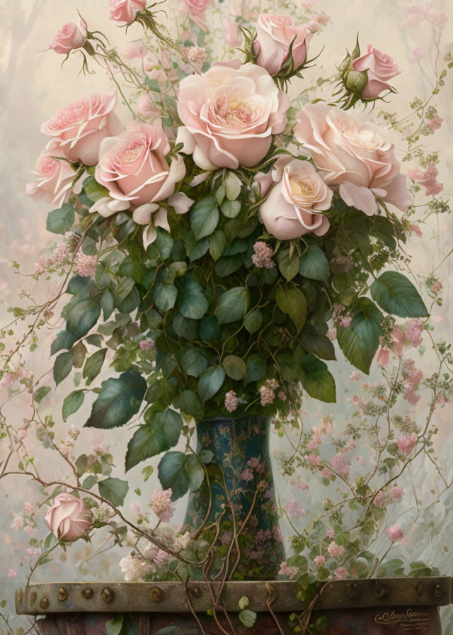 Delicate Pink Roses Bouquet in Decorative Vase