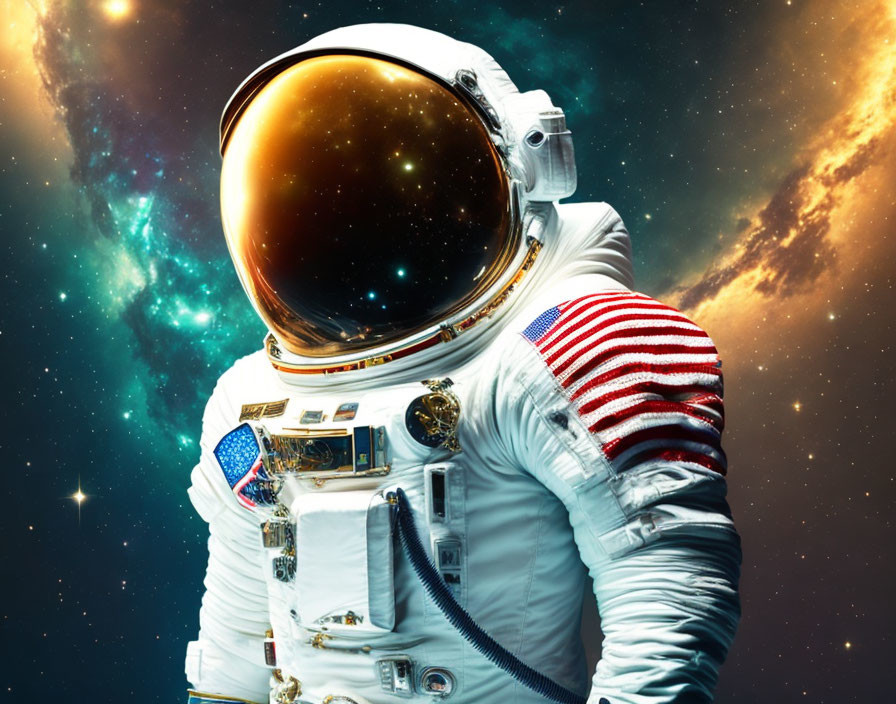 Astronaut in space suit with reflective visor and American flag patch against cosmic background