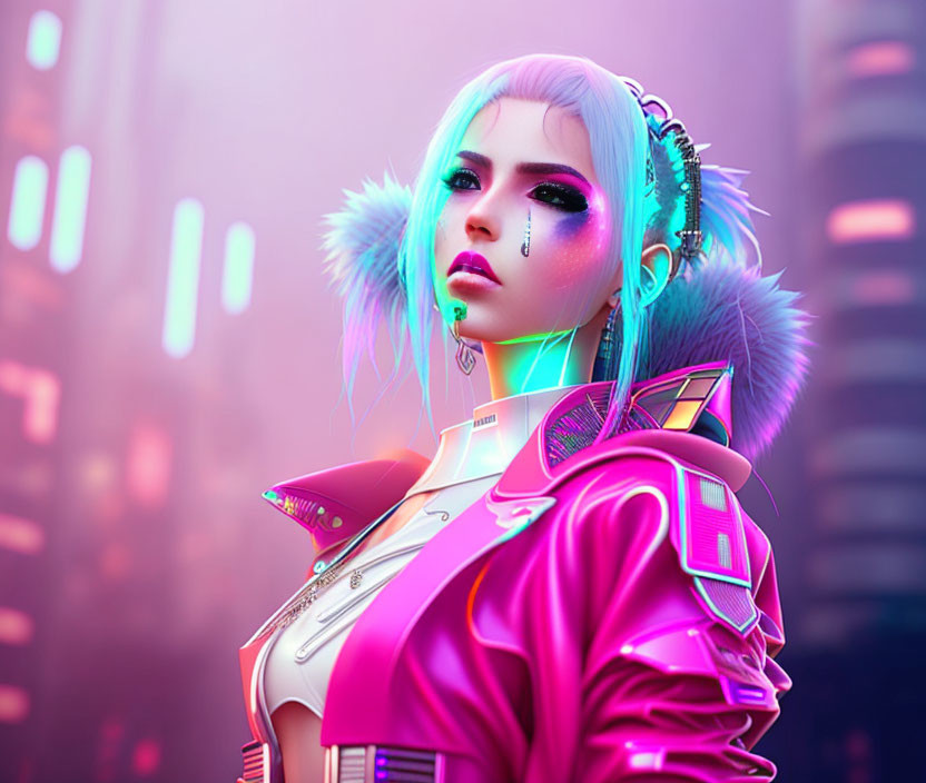 Futuristic woman with vibrant makeup in neon-lit clothing against pink cityscape