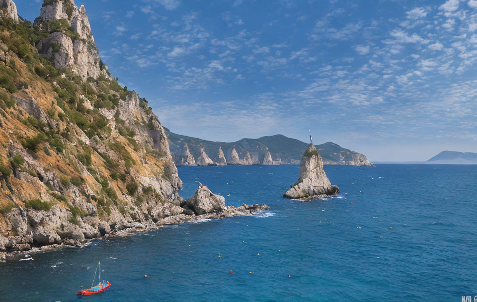 Sailboat on turquoise waters near spire-like rock formation