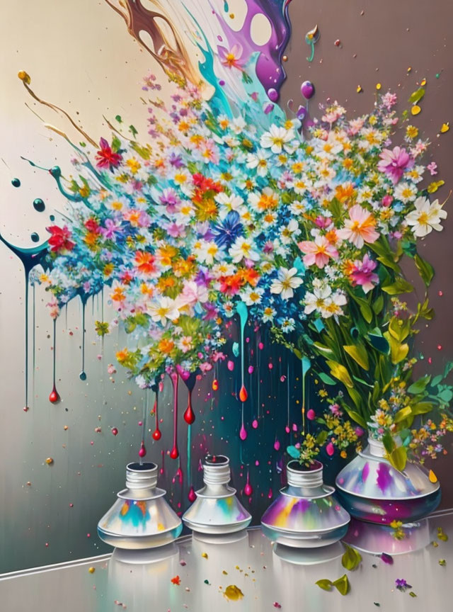 Colorful Bouquet of Flowers Bursting from Spray Paint Cans