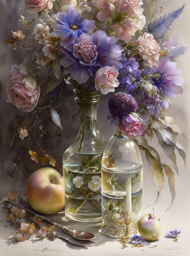 Classic Still Life Painting with Glass Vase, Flowers, Bottles, Apple, Fruit, and Spoon