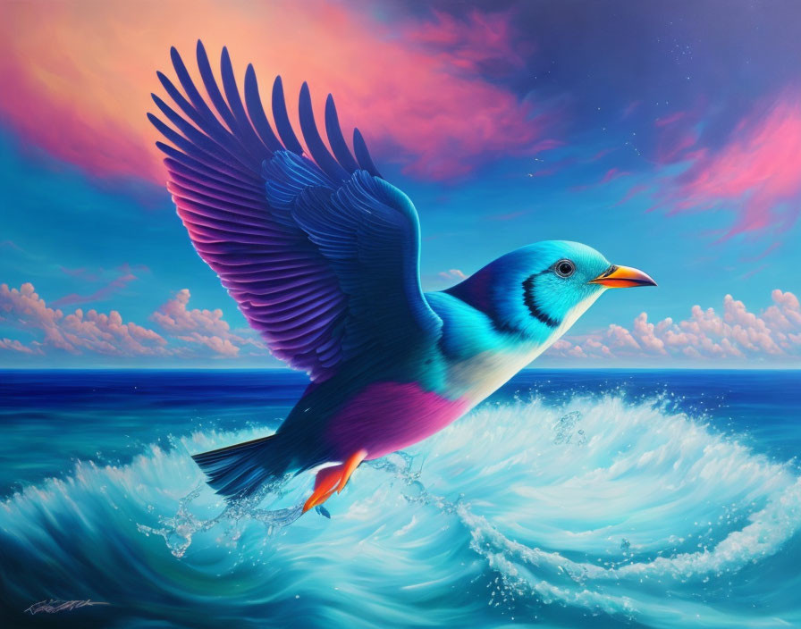 Colorful bird flying above turquoise sea and dynamic sky