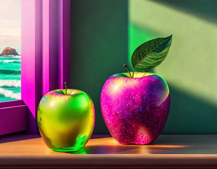 Vibrant green and purple apples on wooden sill with sea view and shadows