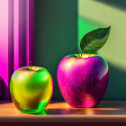 Vibrant green and purple apples on wooden sill with sea view and shadows