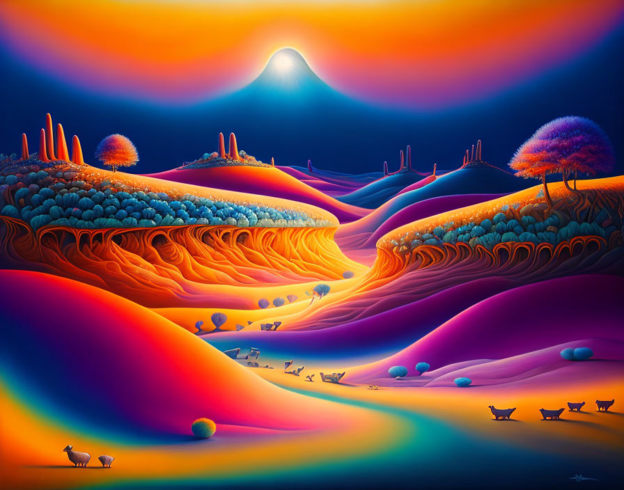 Colorful surreal landscape with rolling hills and unique tree-like structures