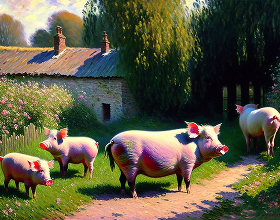 Three pigs in front of cottage with blooming flowers on sunny day
