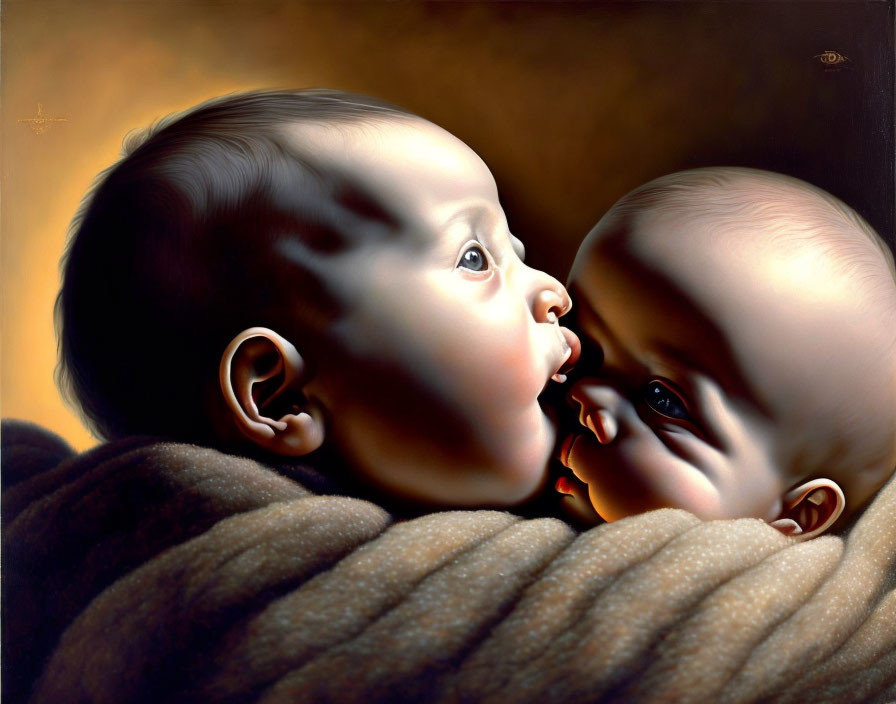 Hyperrealistic Painting: Two Babies Wrapped in Blanket Face Each Other