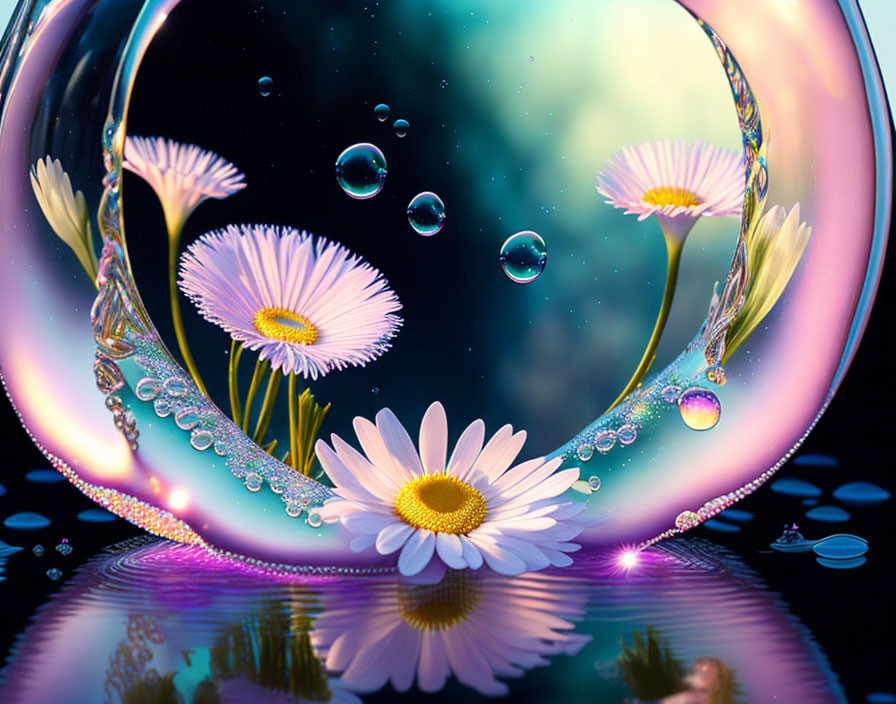 Digital artwork of daisies in a bubble with reflections on starry backdrop