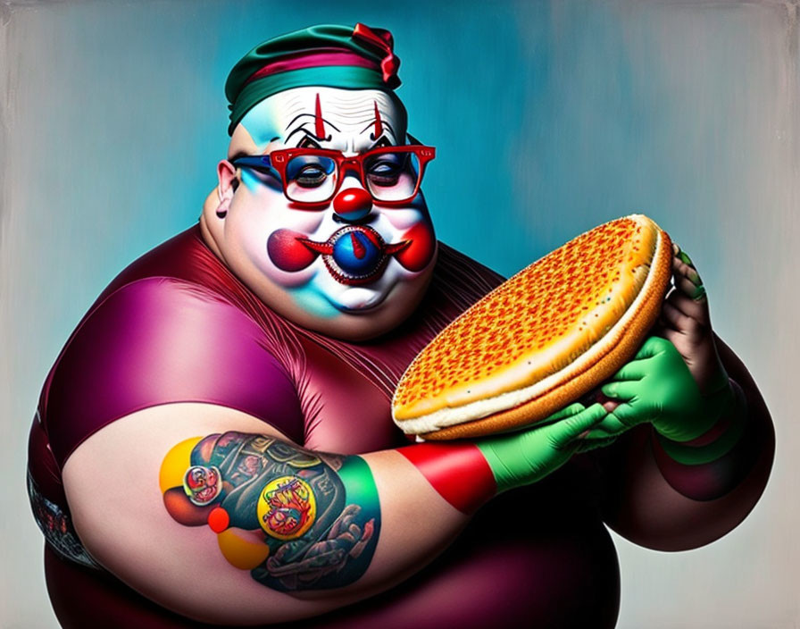 Overweight clown with tattoos holding a giant sandwich illustration