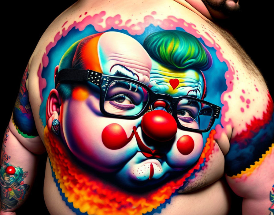 Colorful Clown Tattoo with Contrasting Expressions and Heart Symbol