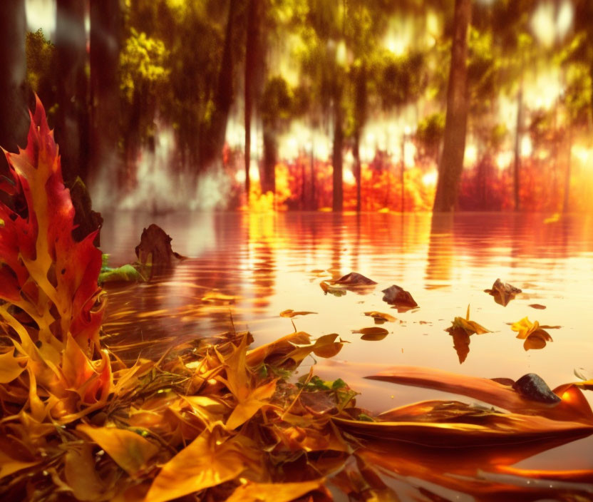 Sunlit forest at sunset with fallen leaves on water