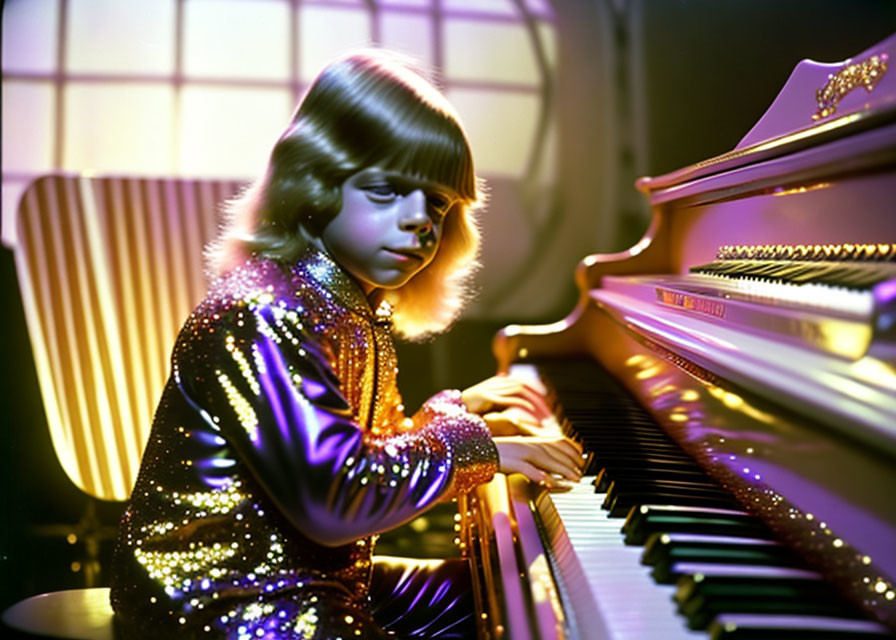 Child with Bob Haircut Playing Grand Piano in Sparkling Outfit