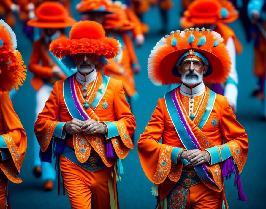 Vibrant Orange Suits and Elaborate Hats in Parade Event