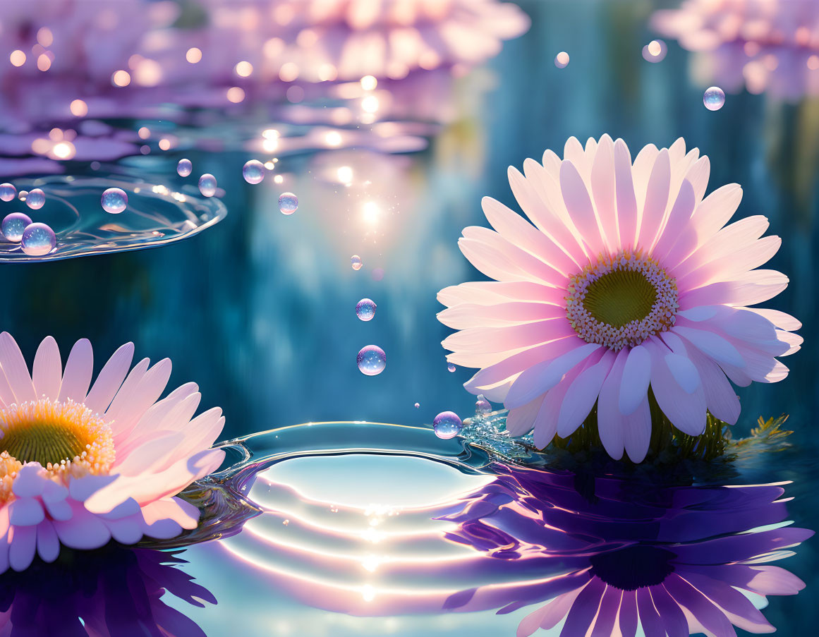 Pink daisies with dreamy reflection in tranquil water setting