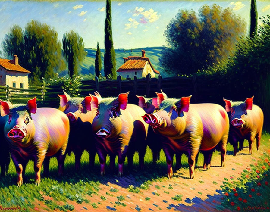 Colorful painting of whimsical pigs with glasses and bows in rural landscape