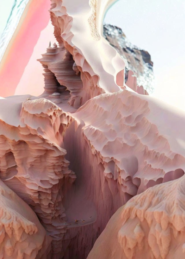 Surreal pink rock formations under a soft sky with partial rainbow