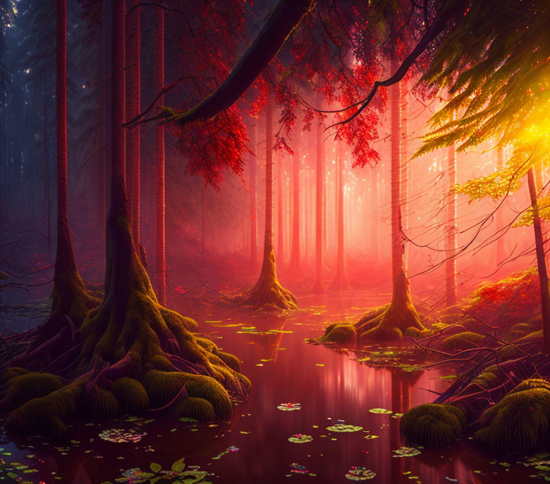 Mystical forest scene with towering trees and reflective waterbody