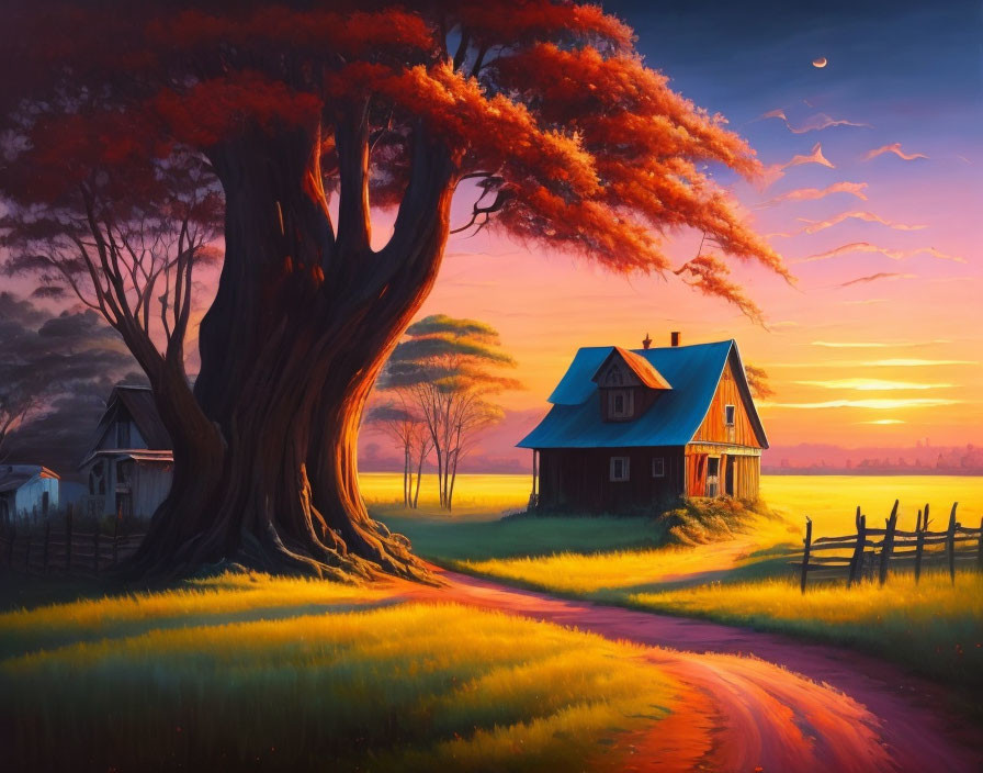 Colorful countryside sunset painting with cozy blue house and red tree.