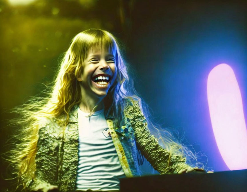Young girl with long hair laughing in front of neon blue light