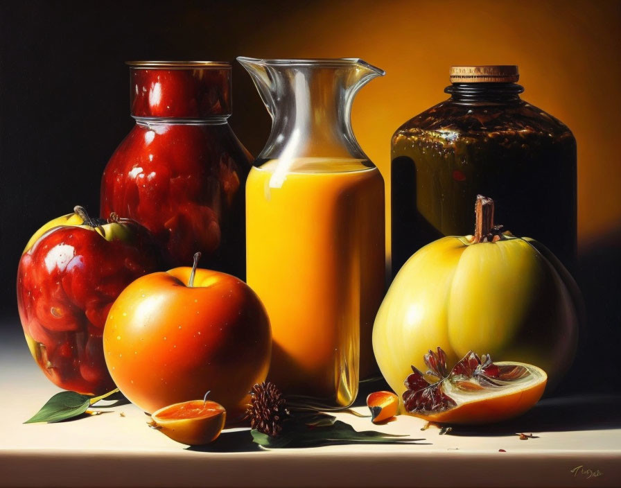 Vibrant still life painting with fruits, orange juice jug, and glass containers