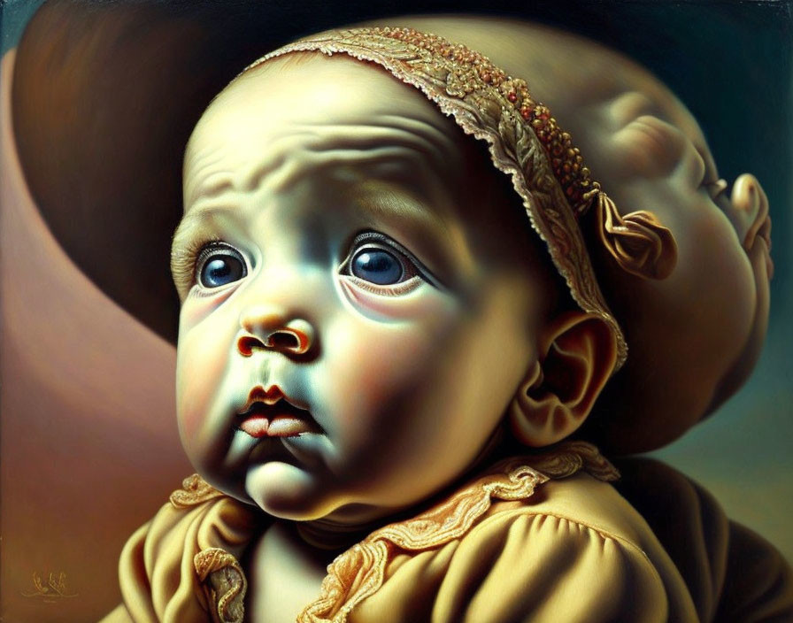 Hyperrealistic Painting of Surprised Baby in Brown Hat and Dress