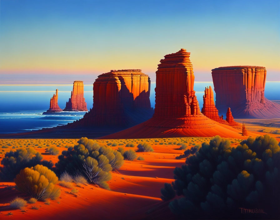 Desert landscape painting with red rock formations, golden sands, green shrubs, and ocean view.