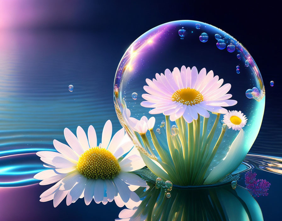 Digital artwork: Daisies reflected in water droplet with cosmic backdrop