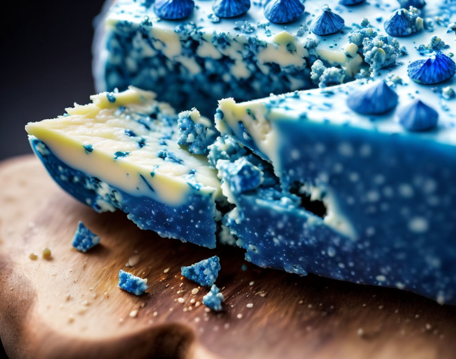 Vibrant blue cheese with white and blue mold on wooden board