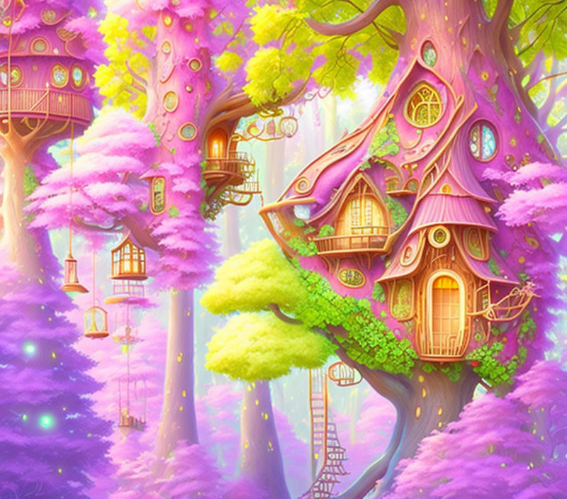 Whimsical purple forest with treehouses and glowing lights
