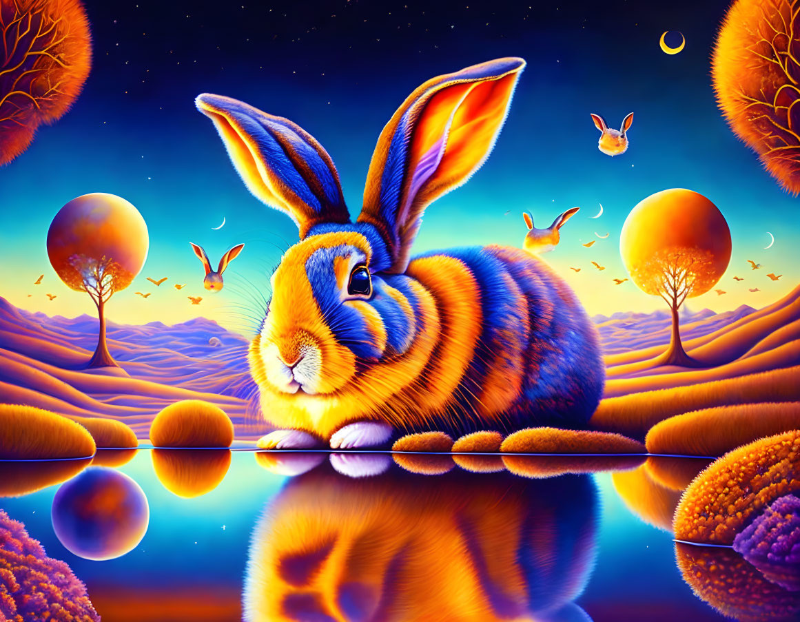 Surreal landscape with blue and orange rabbit, reflective water, spherical trees
