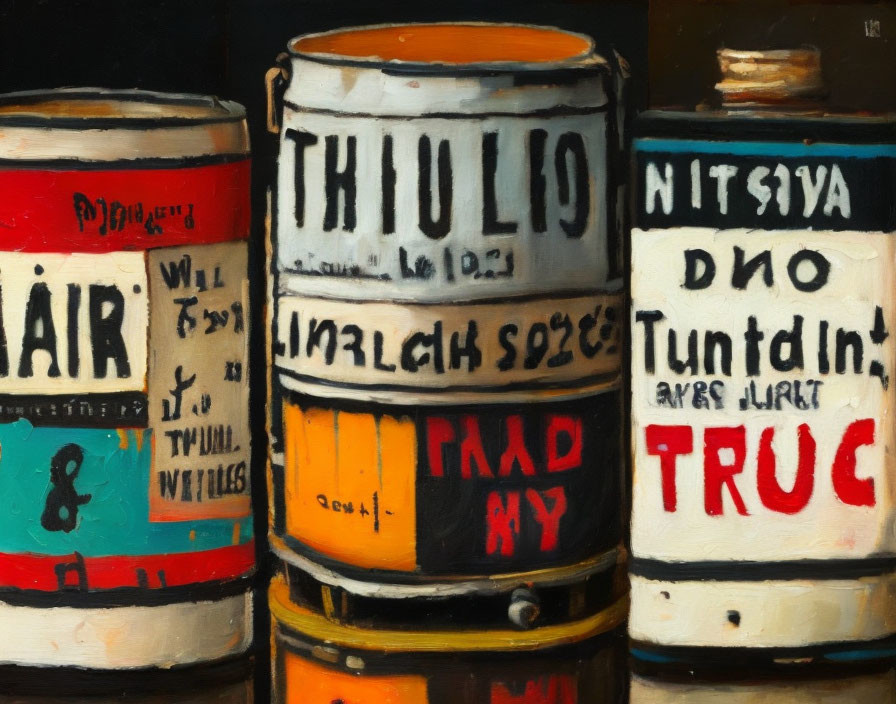 Vibrant painting featuring vintage oil cans with diverse labels.