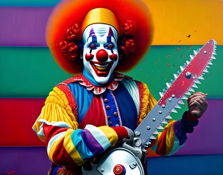 Colorful Clown with Chainsaw on Striped Background