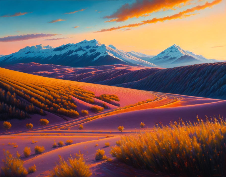 Scenic landscape with golden hills, snow-capped mountains, and colorful sky