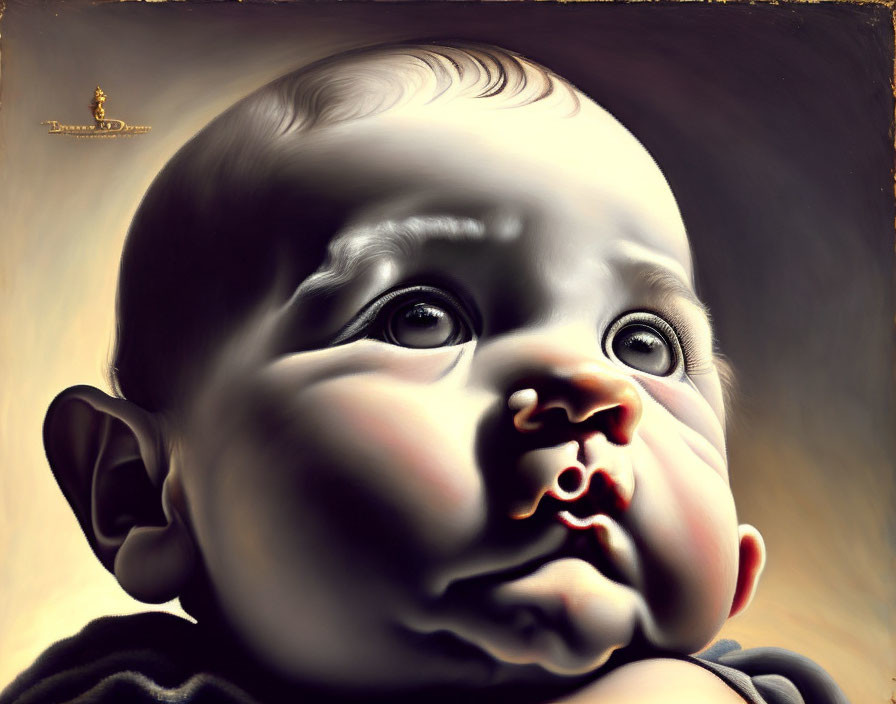 Baby illustration with pensive expression and dramatic lighting.