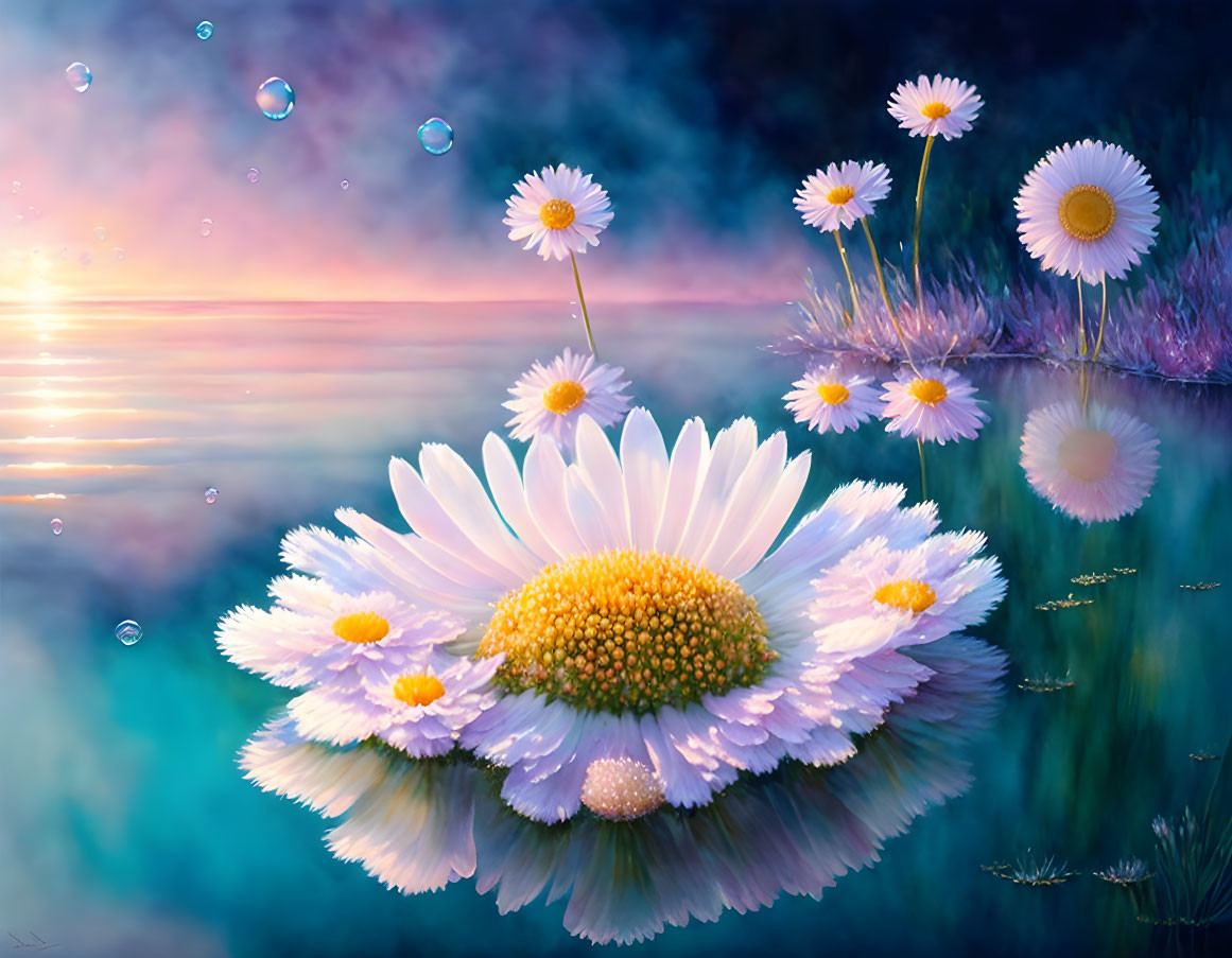 Tranquil daisies reflected in water under purple and pink sunset sky