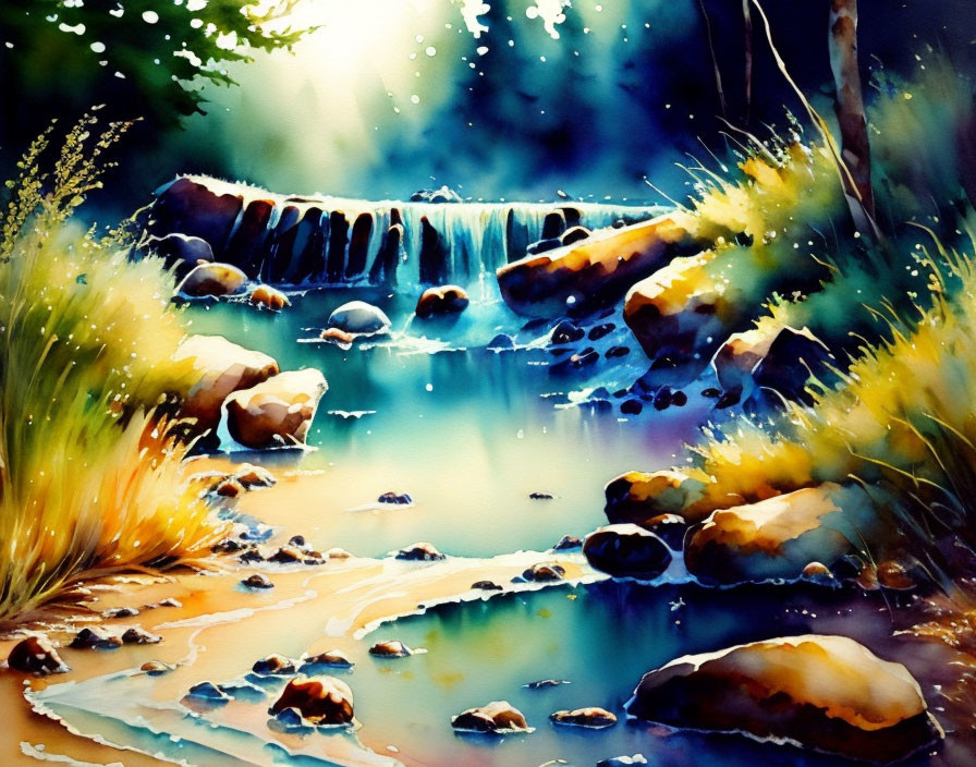 Serene forest waterfall in vibrant watercolor