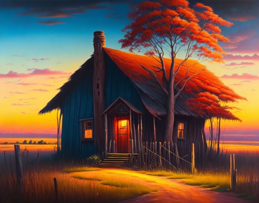 Blue Wooden Cottage with Red-Roofed Annex in Sunset Landscape