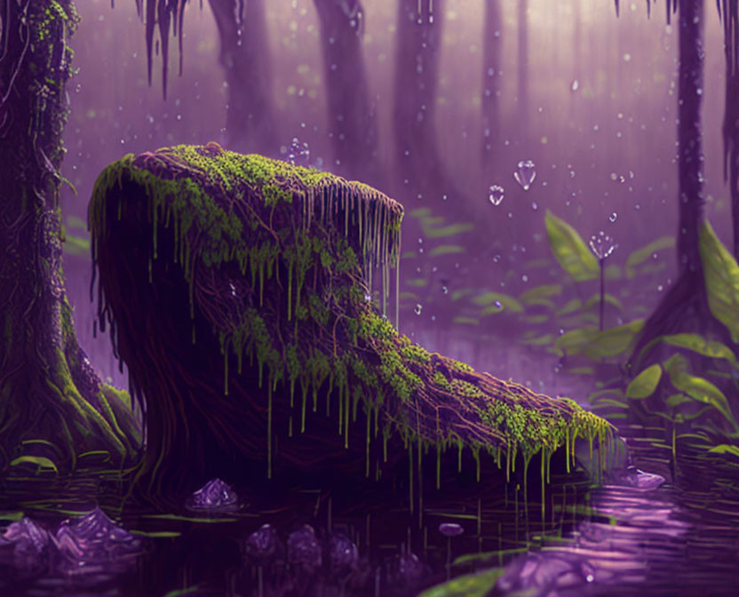 Moss-covered tree stump in mystical purple forest with gentle light and wisps.