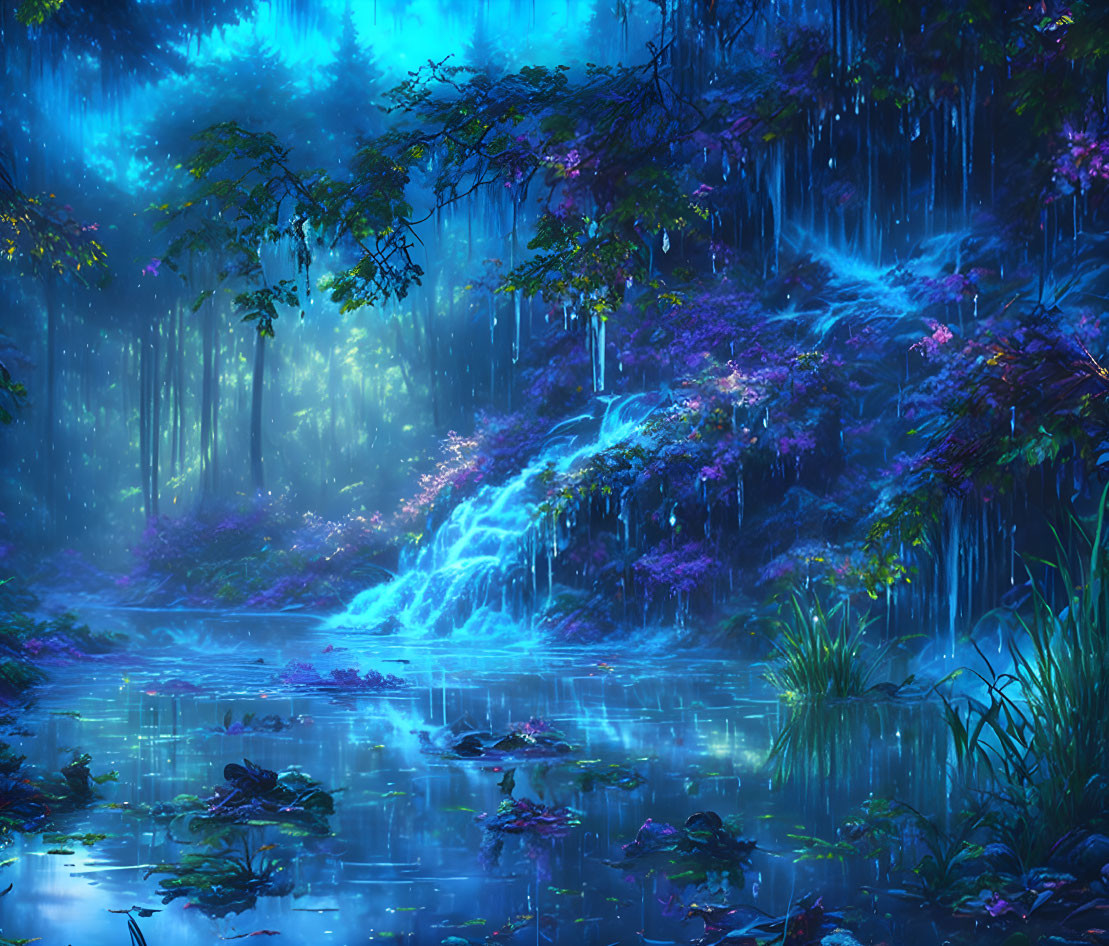 Serene Nighttime Forest with Purple Flowers and Blue-Lit Pond