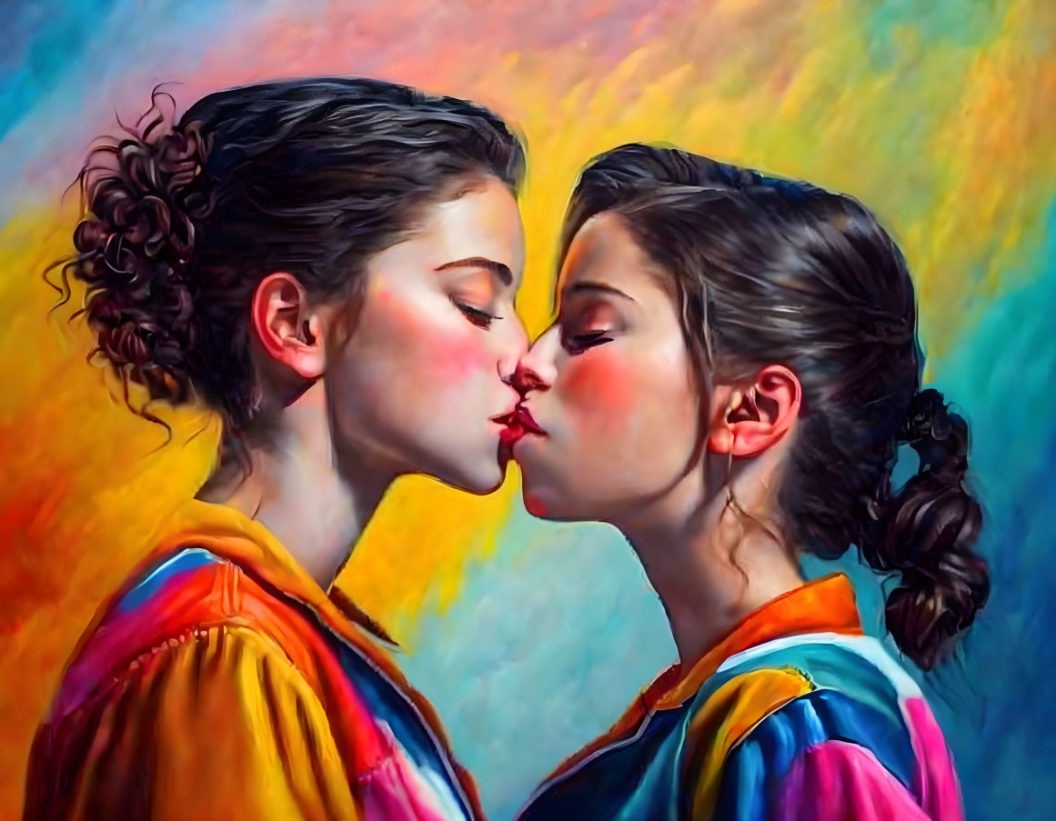 Two Women in Colorful Setting with Puckered Lips