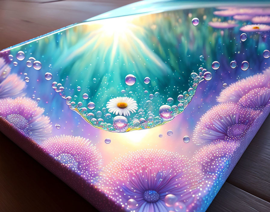 Colorful Canvas Art: Dewy Daisy Reflected in Water Droplet with Psychedelic Floral Pattern