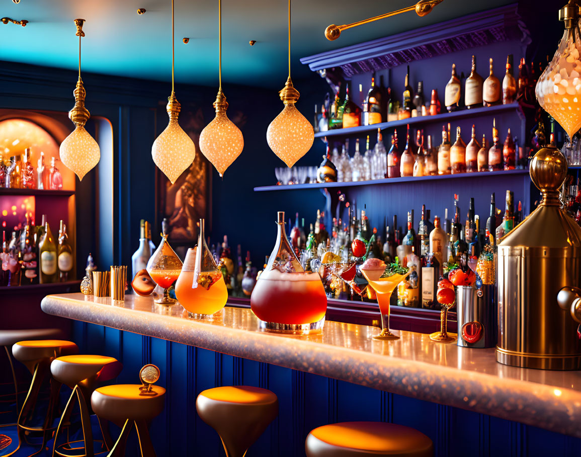 Colorful cocktails and elegant pendant lights in vibrant bar setting