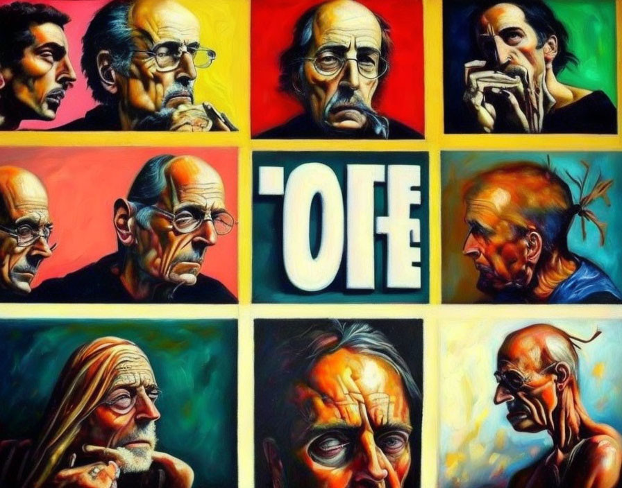 Vibrant grid of nine painted portraits showcasing emotive older men with central stylized text