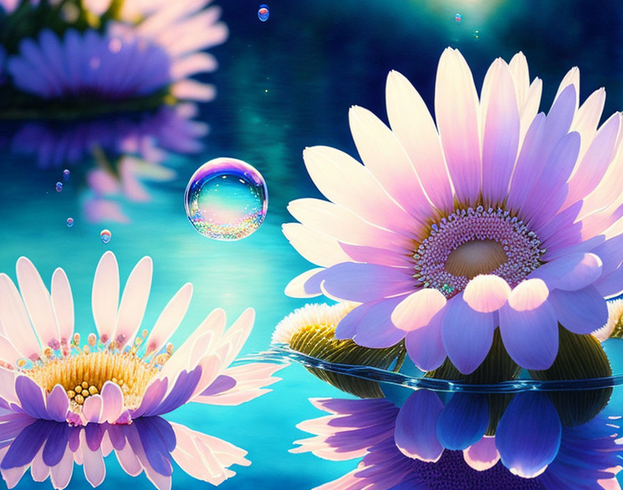 Vibrant digital artwork: Pink daisy-like flowers on water with bubbles