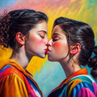 Two Women in Colorful Setting with Puckered Lips