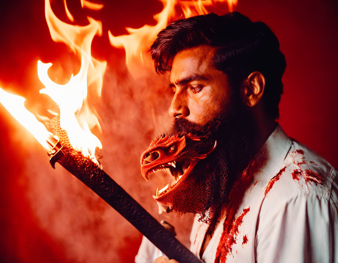 Bearded man holding flaming torch with dragon design on red smoky background