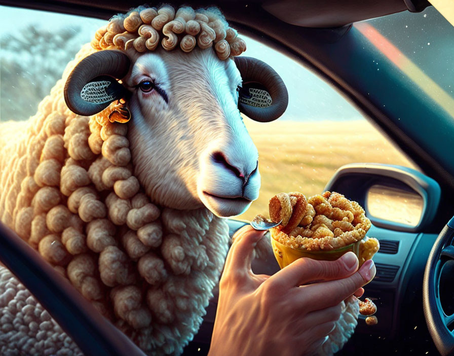 Sheep in sunglasses driving car, eating cereal from hand